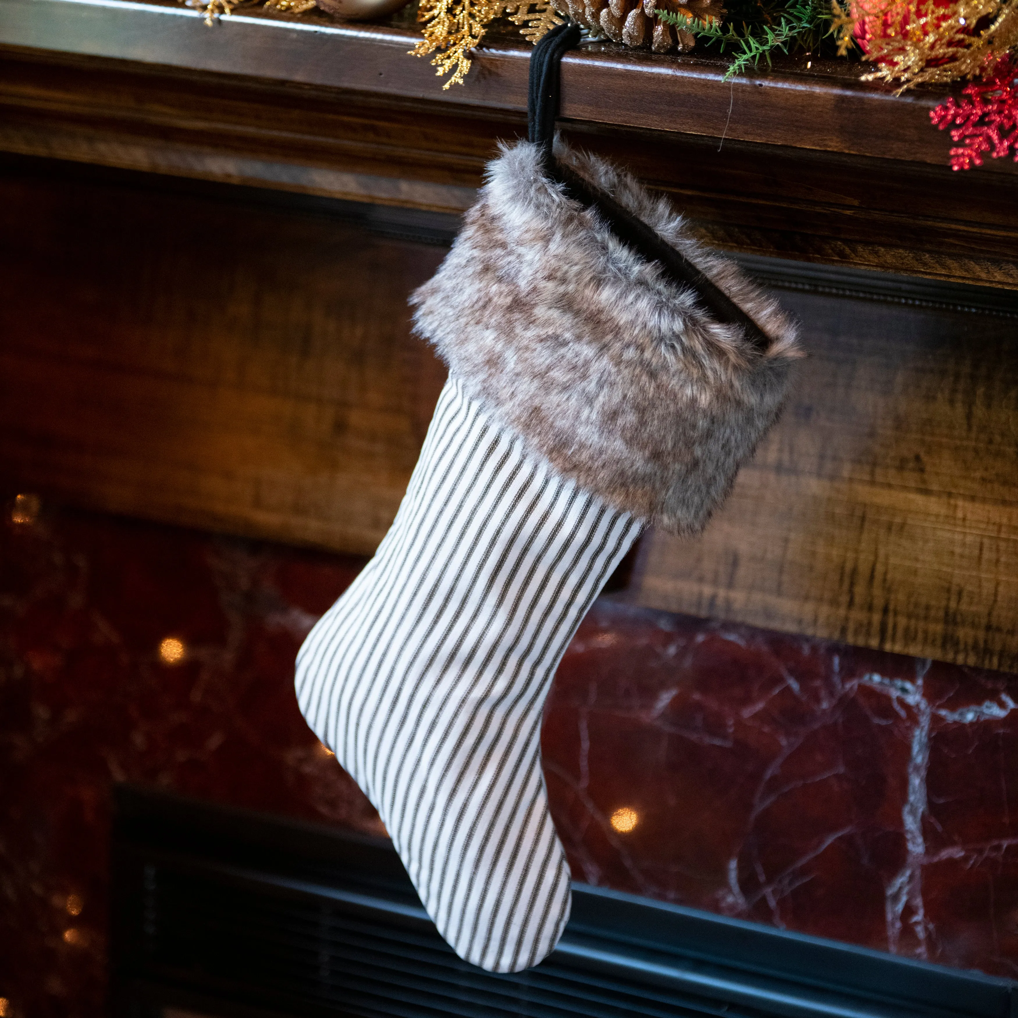 Ticking Stripe Stocking with Faux Fur Cuff