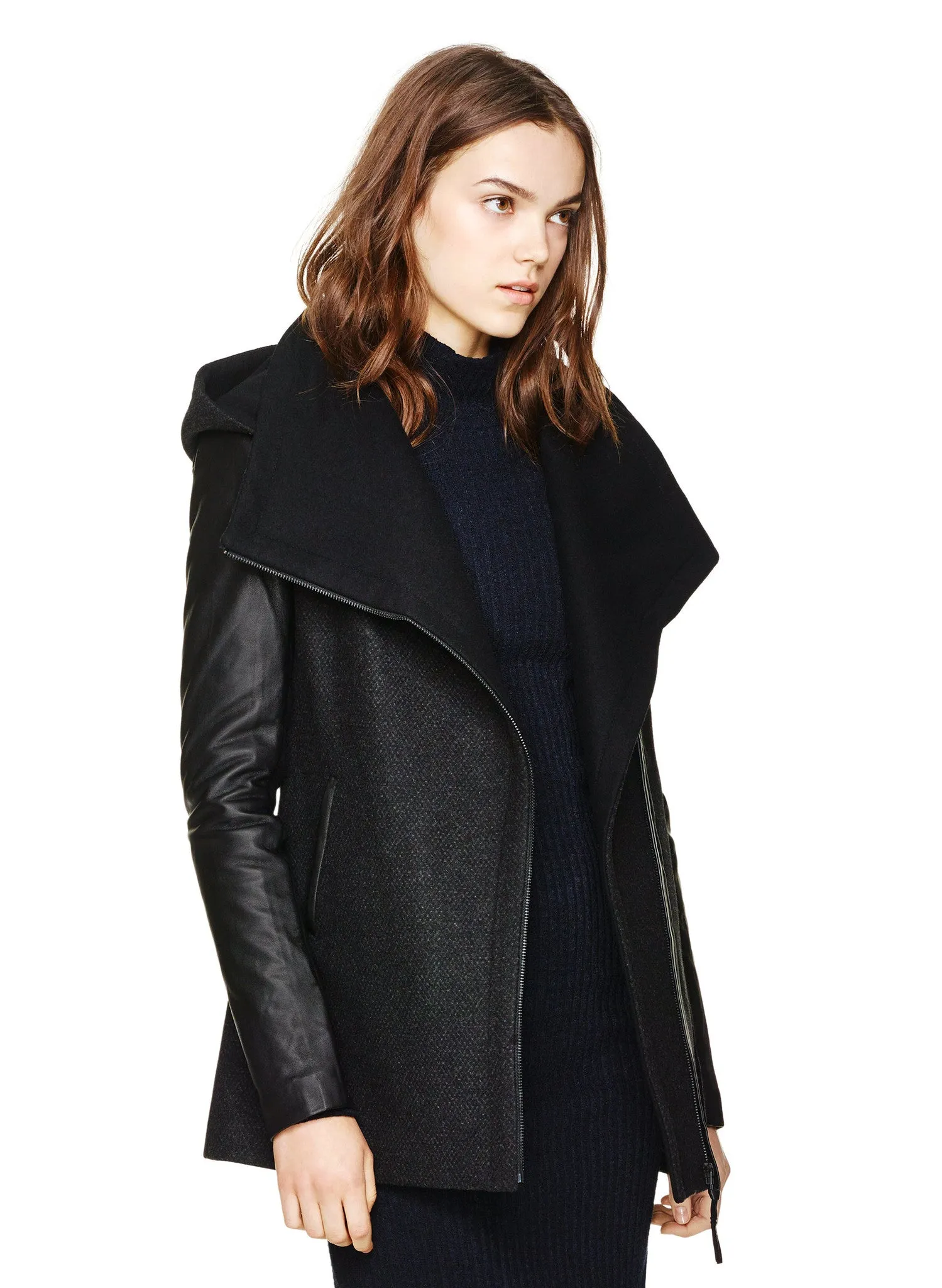 Vena Leather Sleeved Coat With Detachable Hood