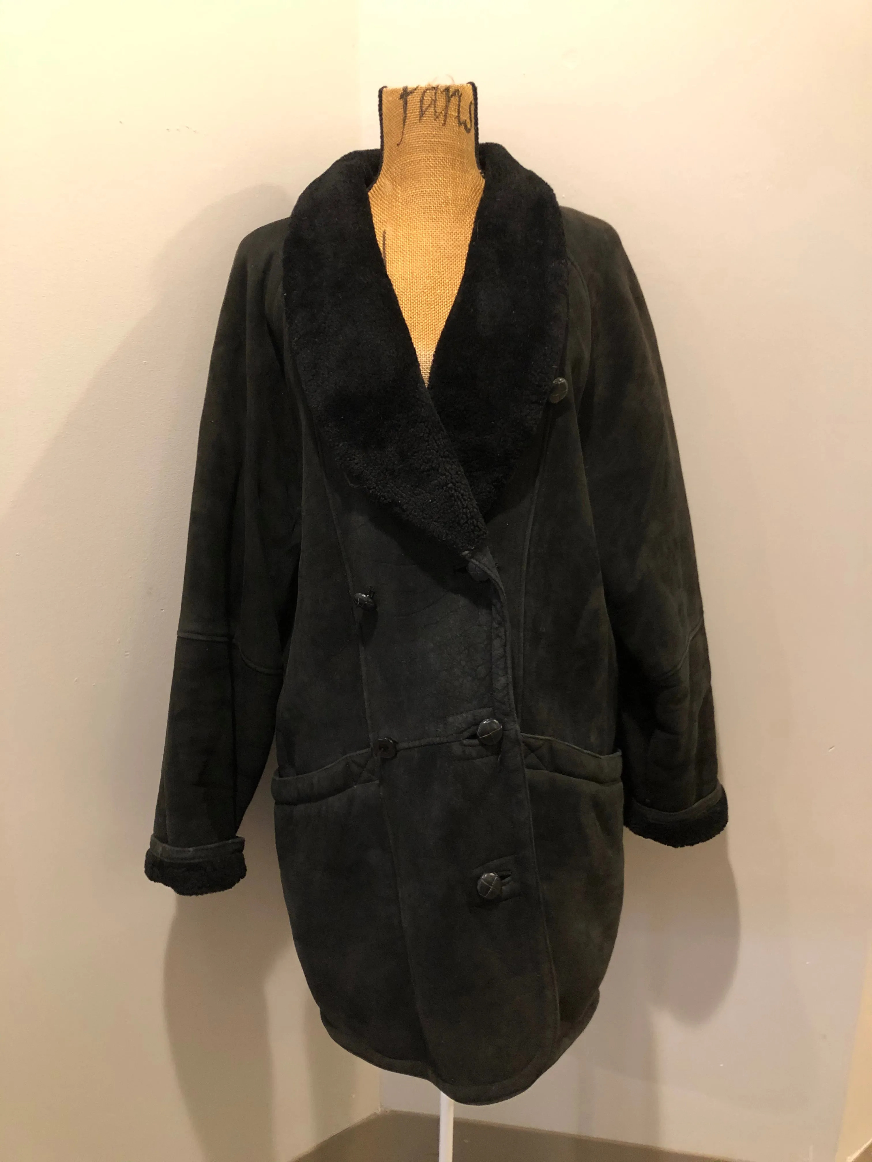 Vintage Danier Black Shearling Coat, Made in Canada