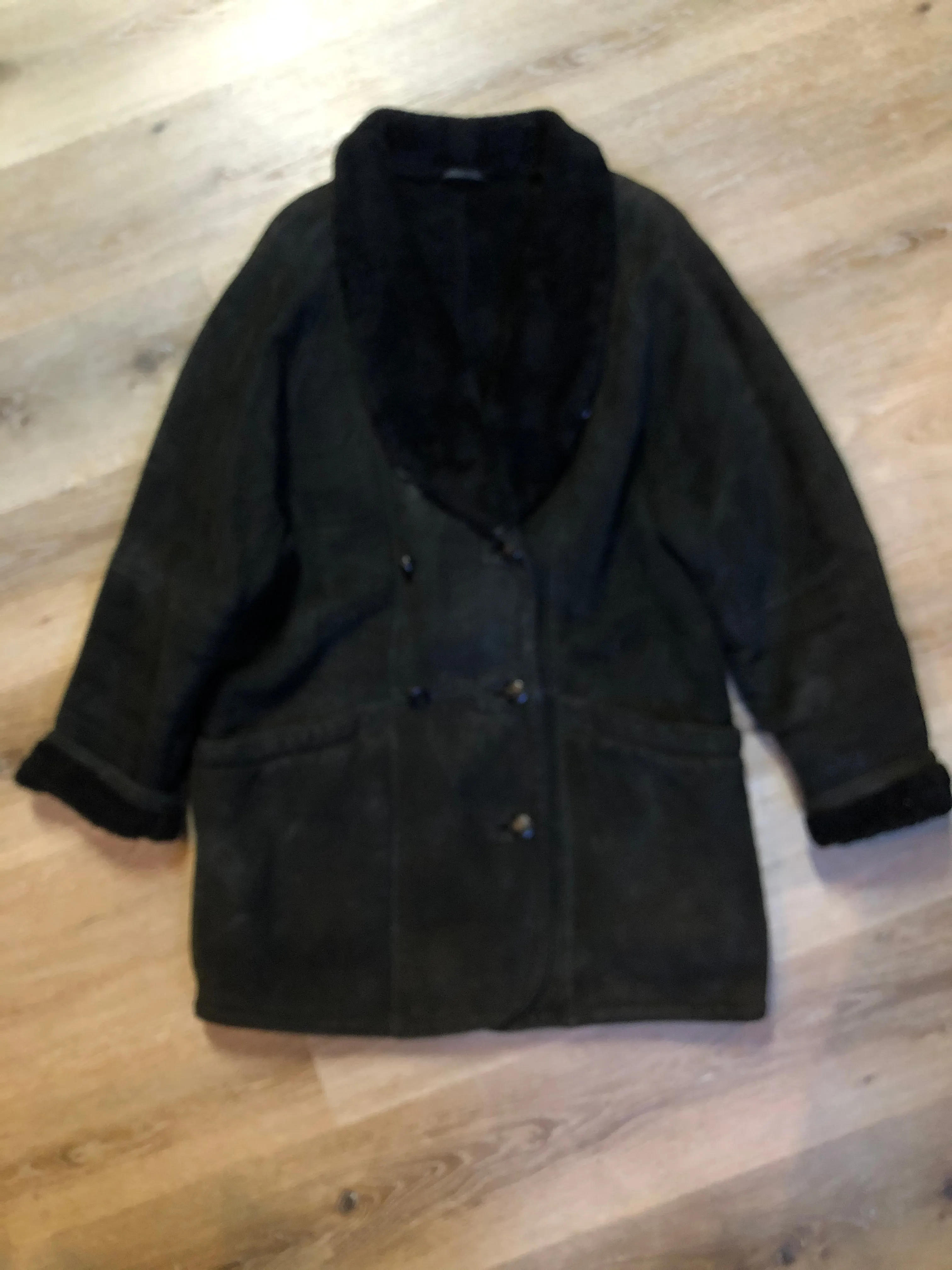 Vintage Danier Black Shearling Coat, Made in Canada