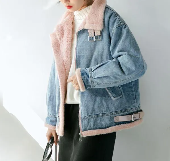 White Faux Fur High Collar Denim Jacket