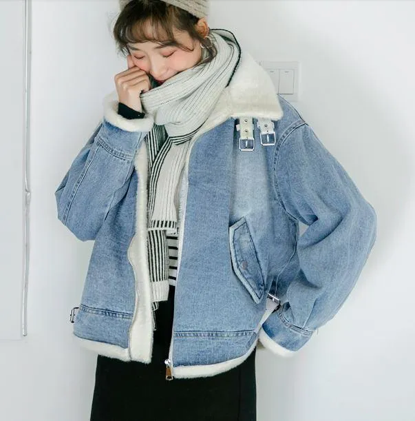 White Faux Fur High Collar Denim Jacket