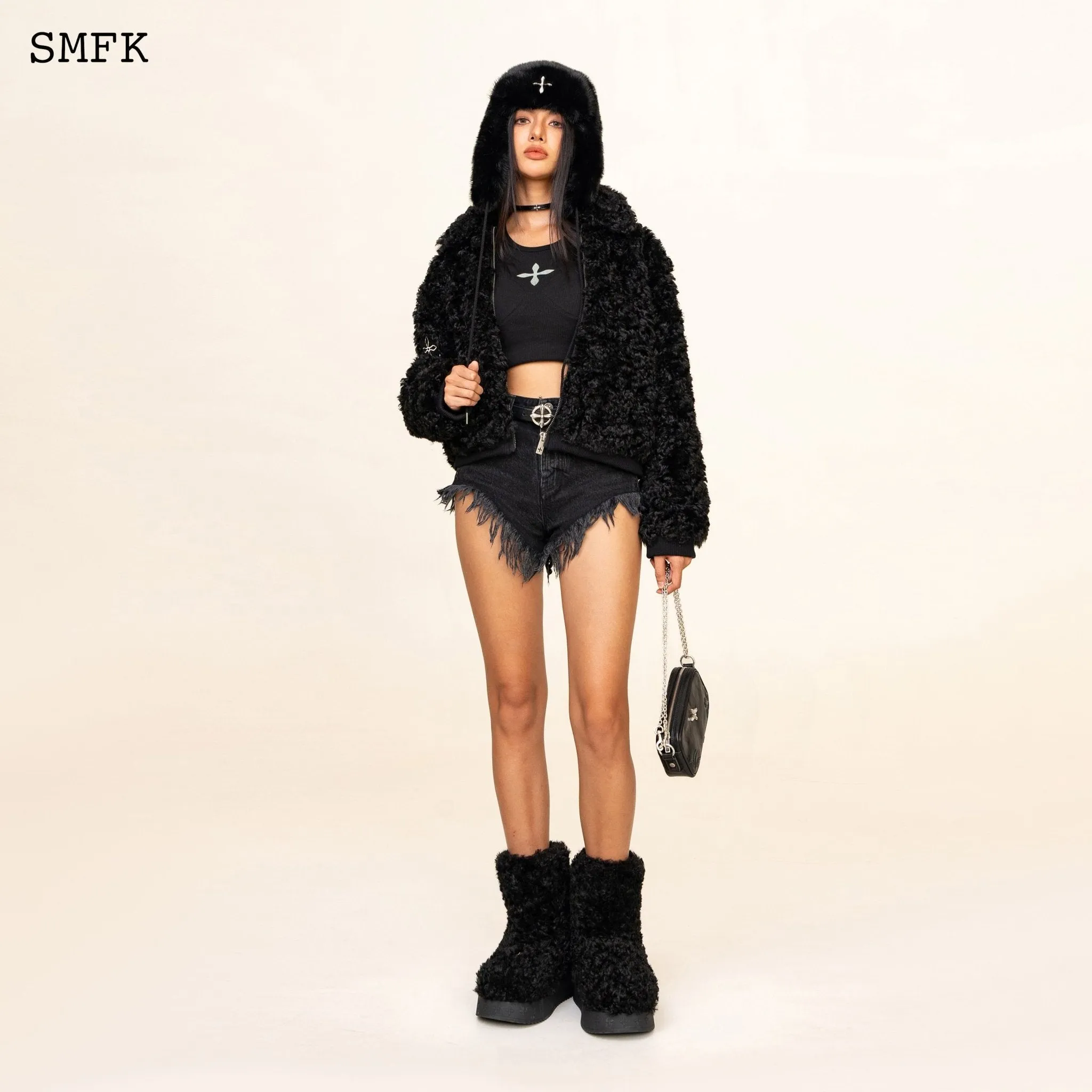 WildWorld Adventure Short Faux Fur Jacket In Black