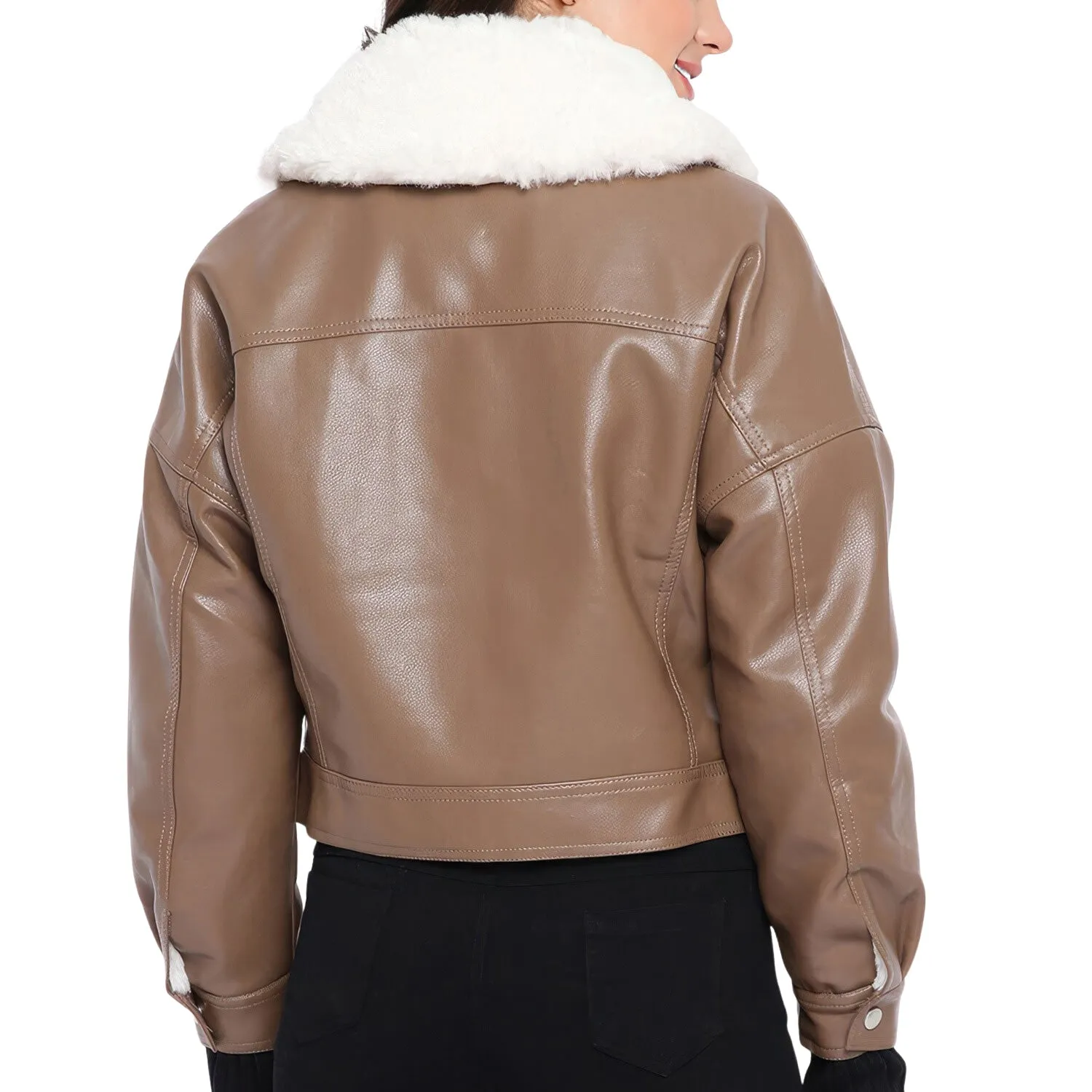 Women’s Brown Genuine Sheepskin Sherpa Shearling Faux Fur Lined Korean Style Oversized Winter Warm Motorcycle Leather Jacket