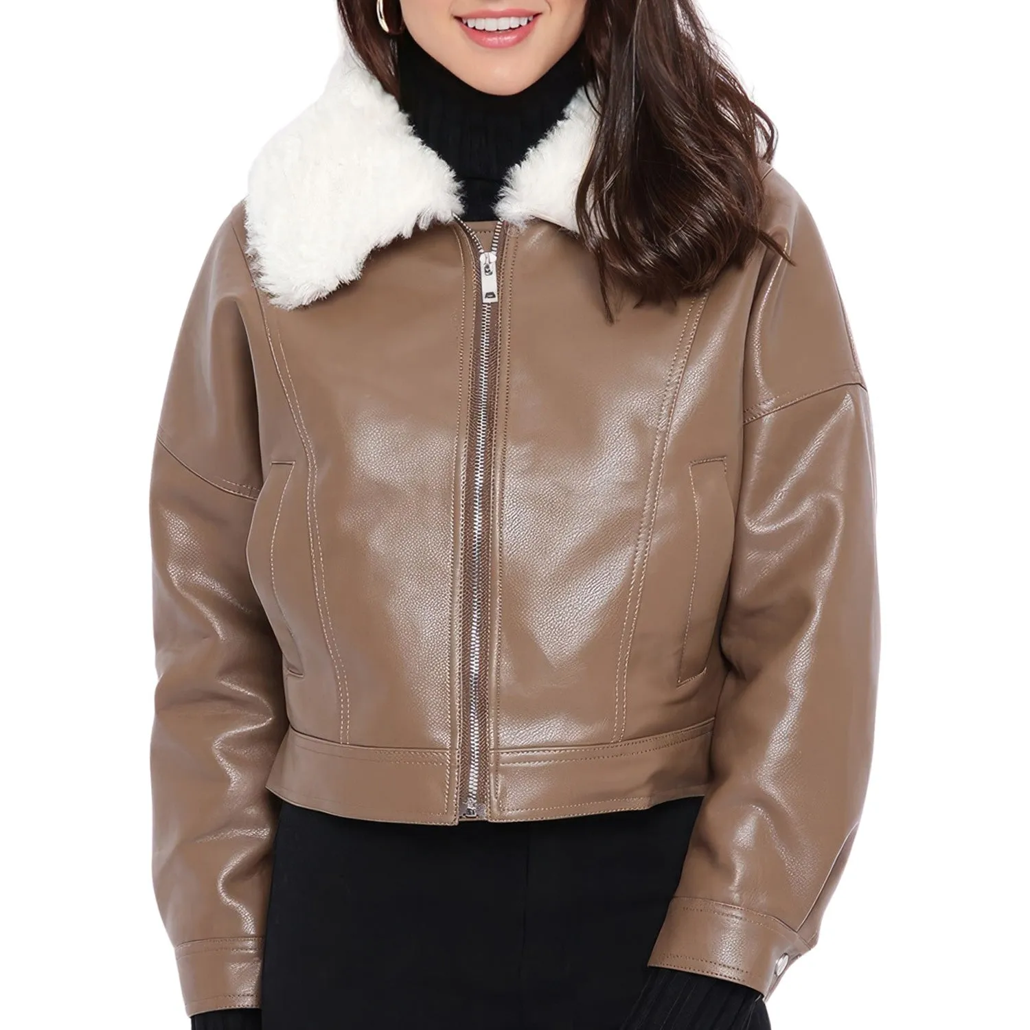 Women’s Brown Genuine Sheepskin Sherpa Shearling Faux Fur Lined Korean Style Oversized Winter Warm Motorcycle Leather Jacket