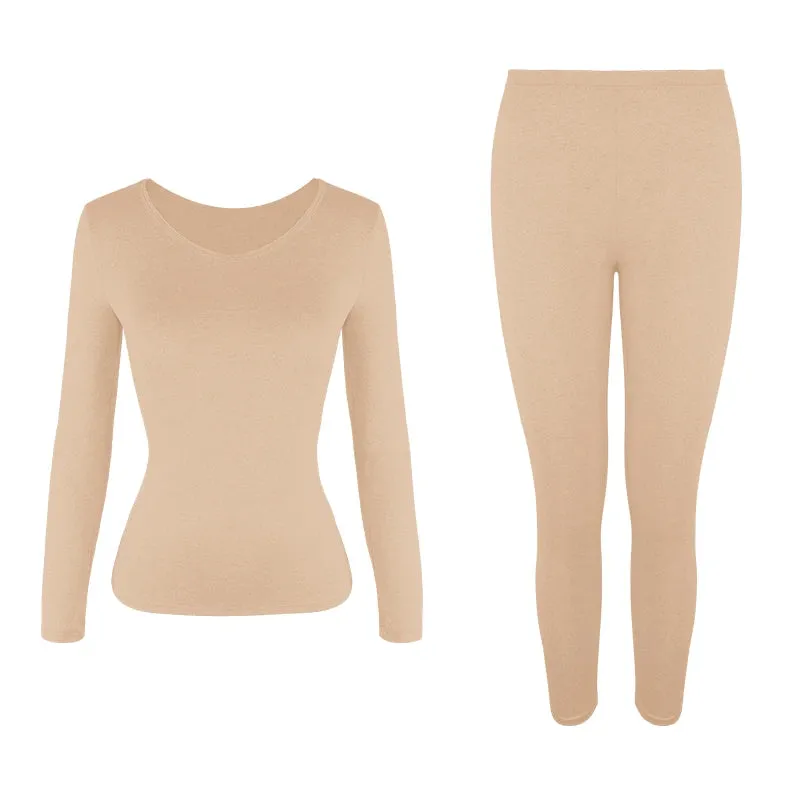 Women's Fleece-Lined Thermal Underwear Set - Warm Cotton High-Rise Base Layer