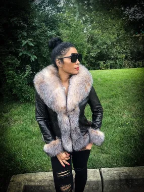 Women's Leather Jacket With Crystal Fox Fur Trimming Style #1036