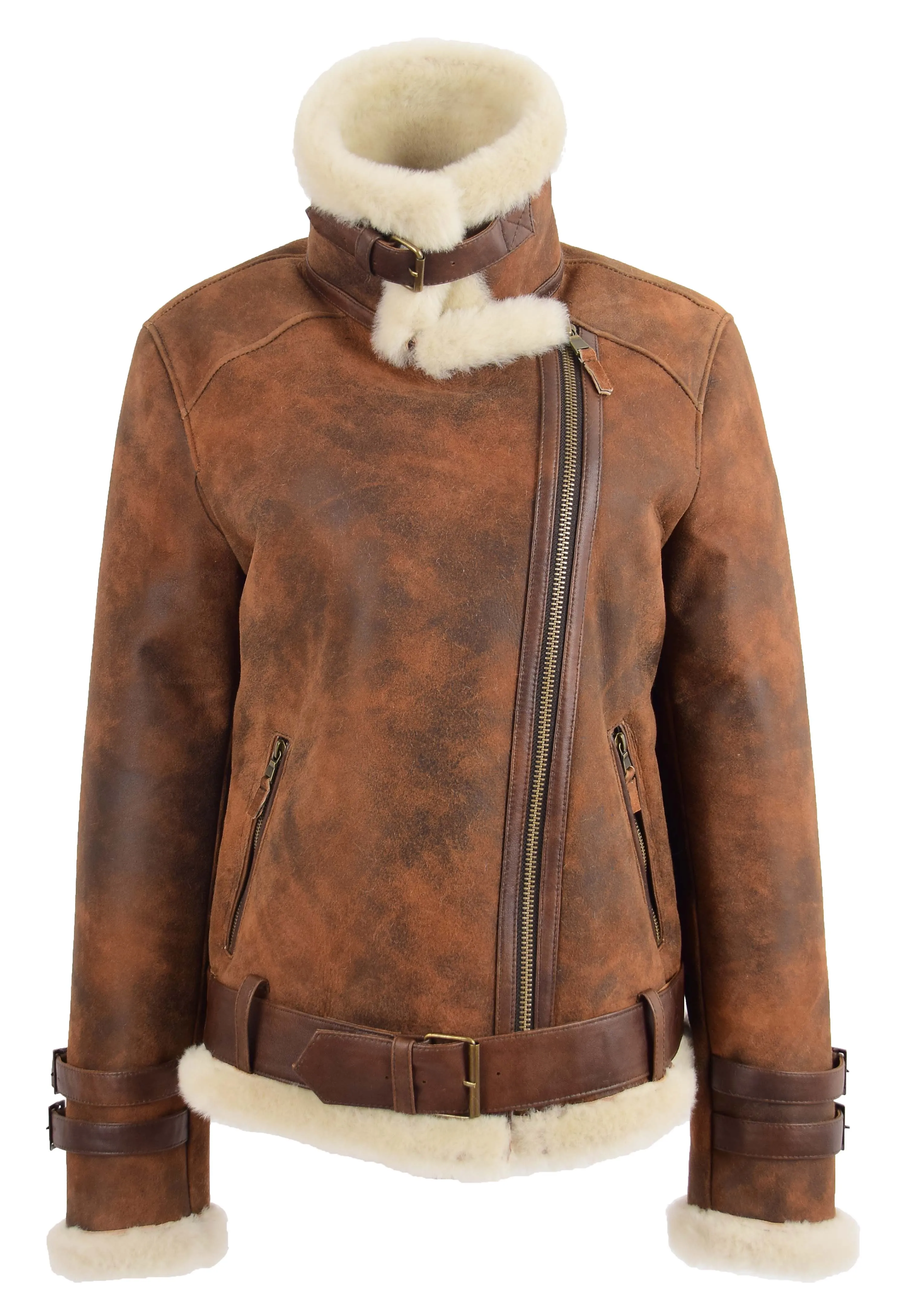 Womens Real Sheepskin Jacket Brown Antique Shearling Aviator Coat Willow