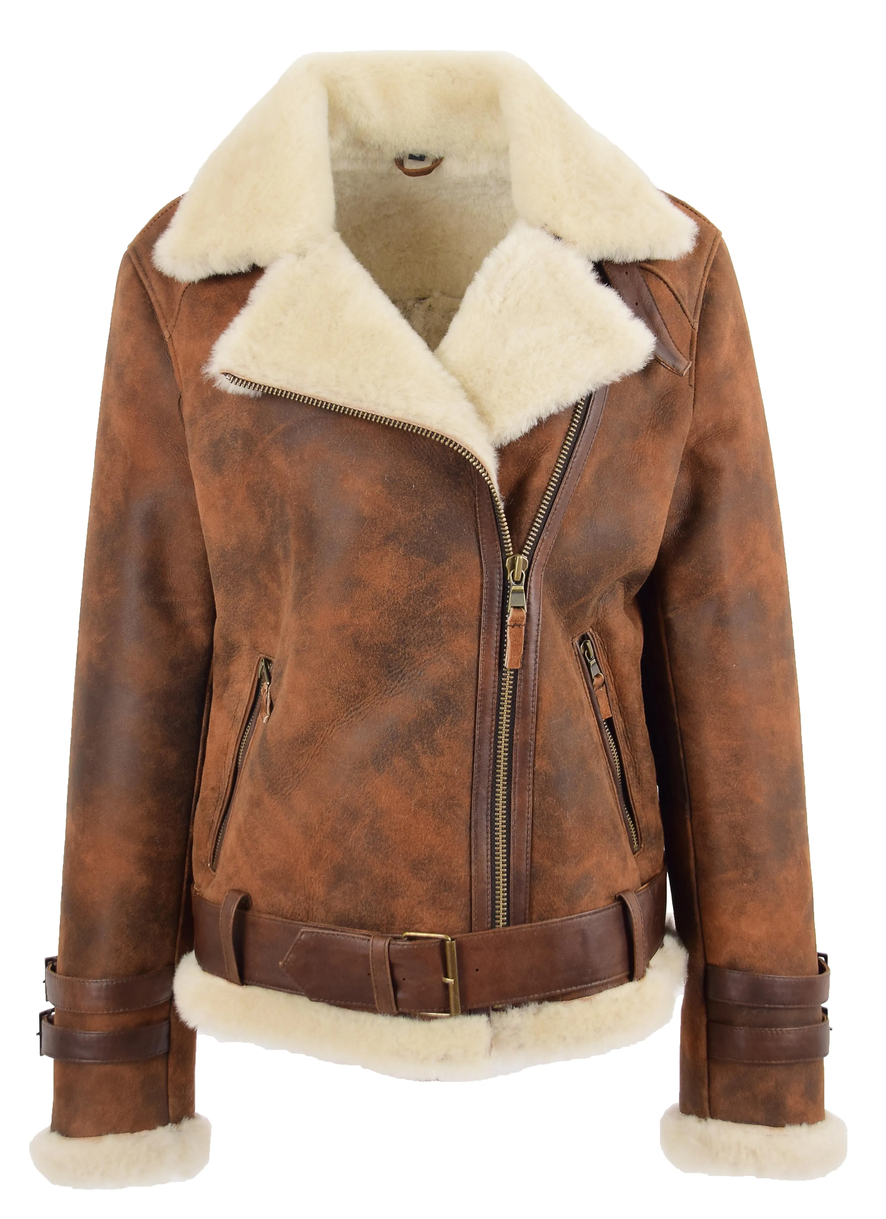 Womens Real Sheepskin Jacket Brown Antique Shearling Aviator Coat Willow