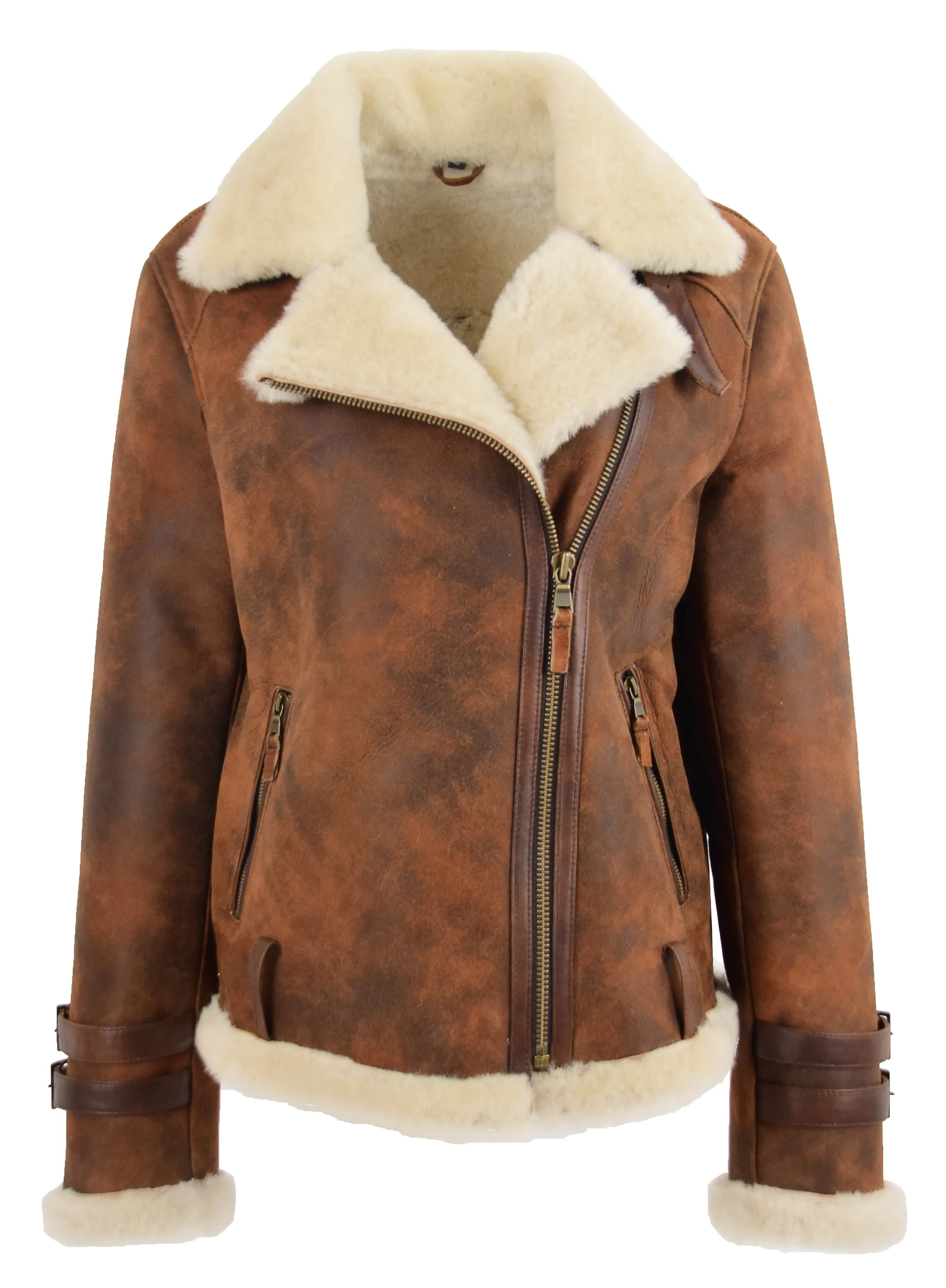 Womens Real Sheepskin Jacket Brown Antique Shearling Aviator Coat Willow