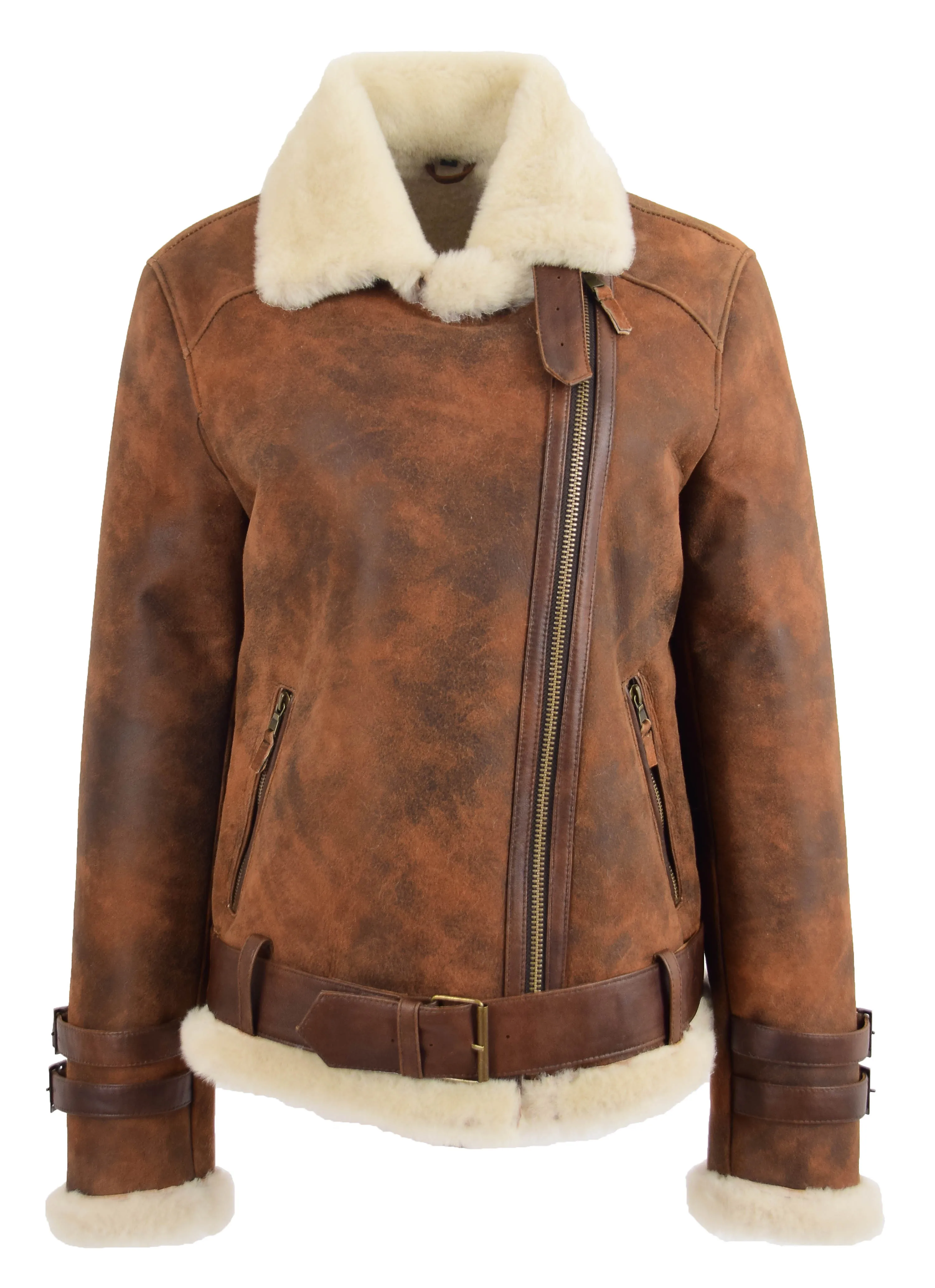 Womens Real Sheepskin Jacket Brown Antique Shearling Aviator Coat Willow