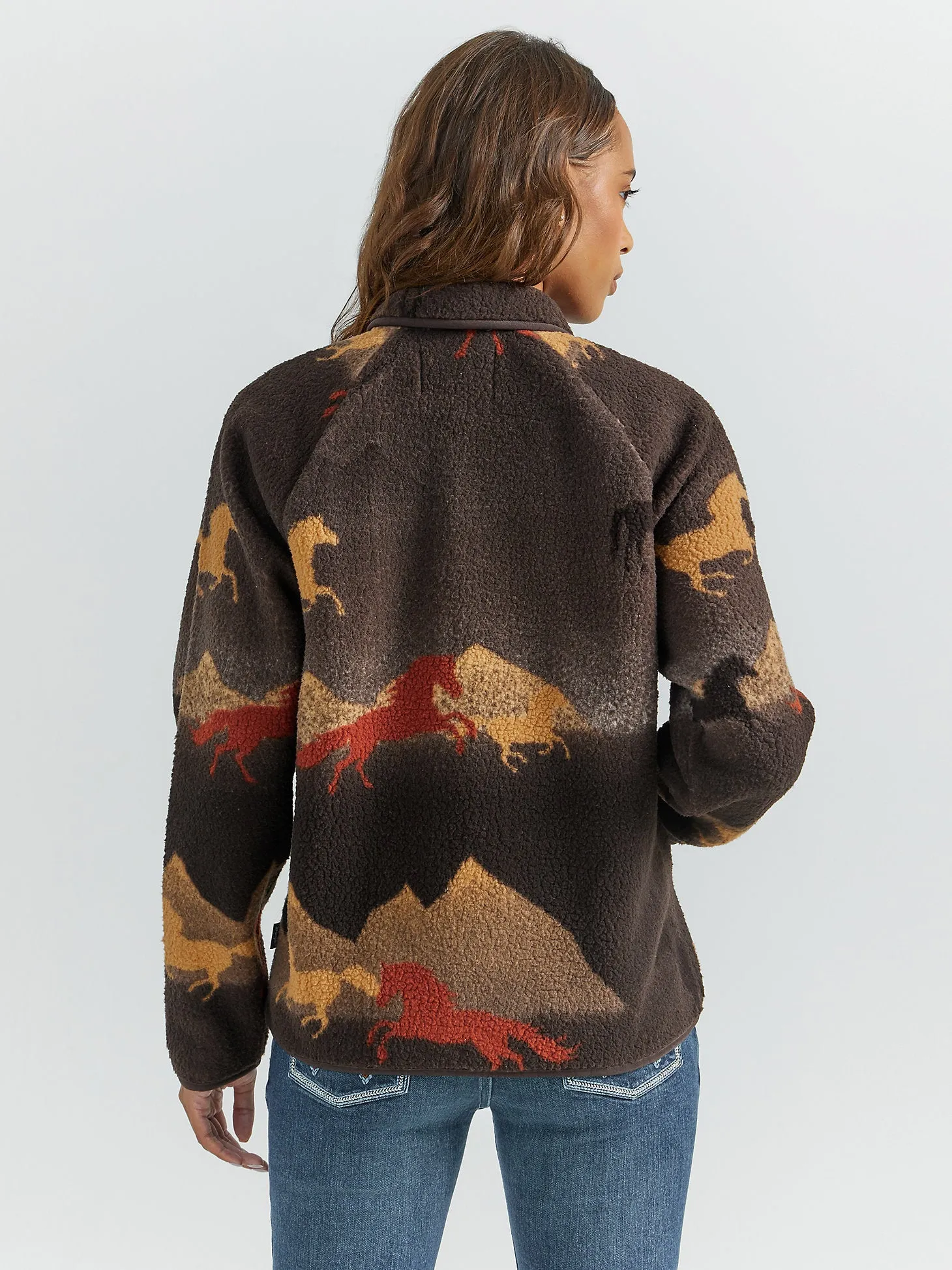 Women's Retro Printed Sherpa Snap Jacket - Stallion Brown