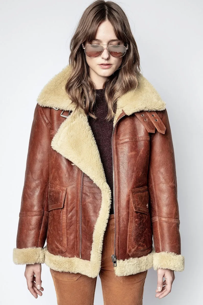 Women's Shearling Biker Leather Jacket