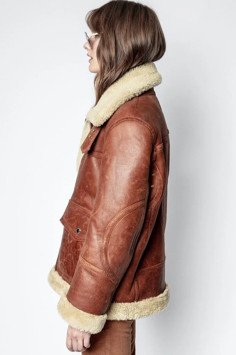 Women's Shearling Biker Leather Jacket