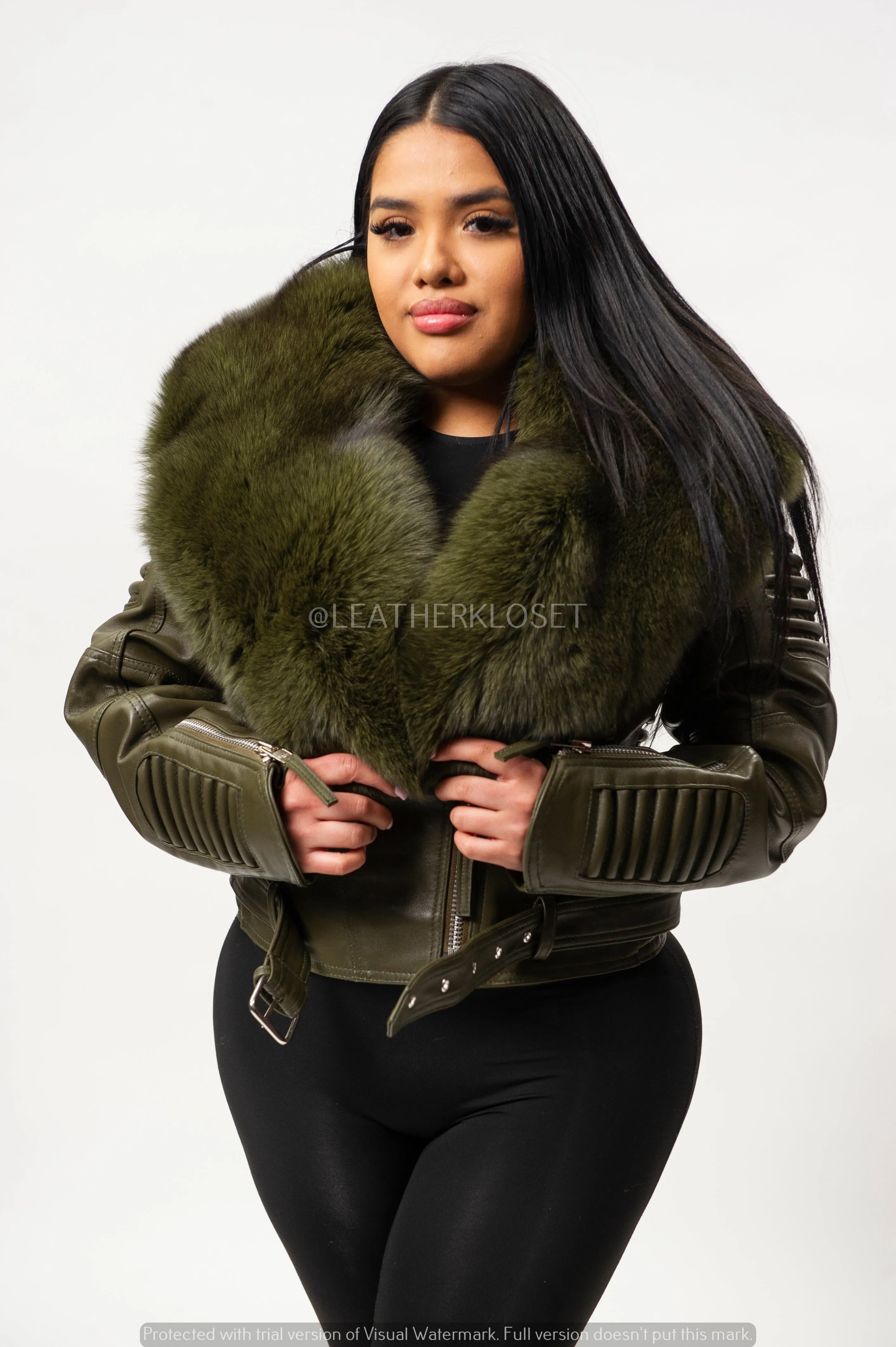 Women's Trey Biker Olive Oversized Fox Collar [Olive Fox Fur]