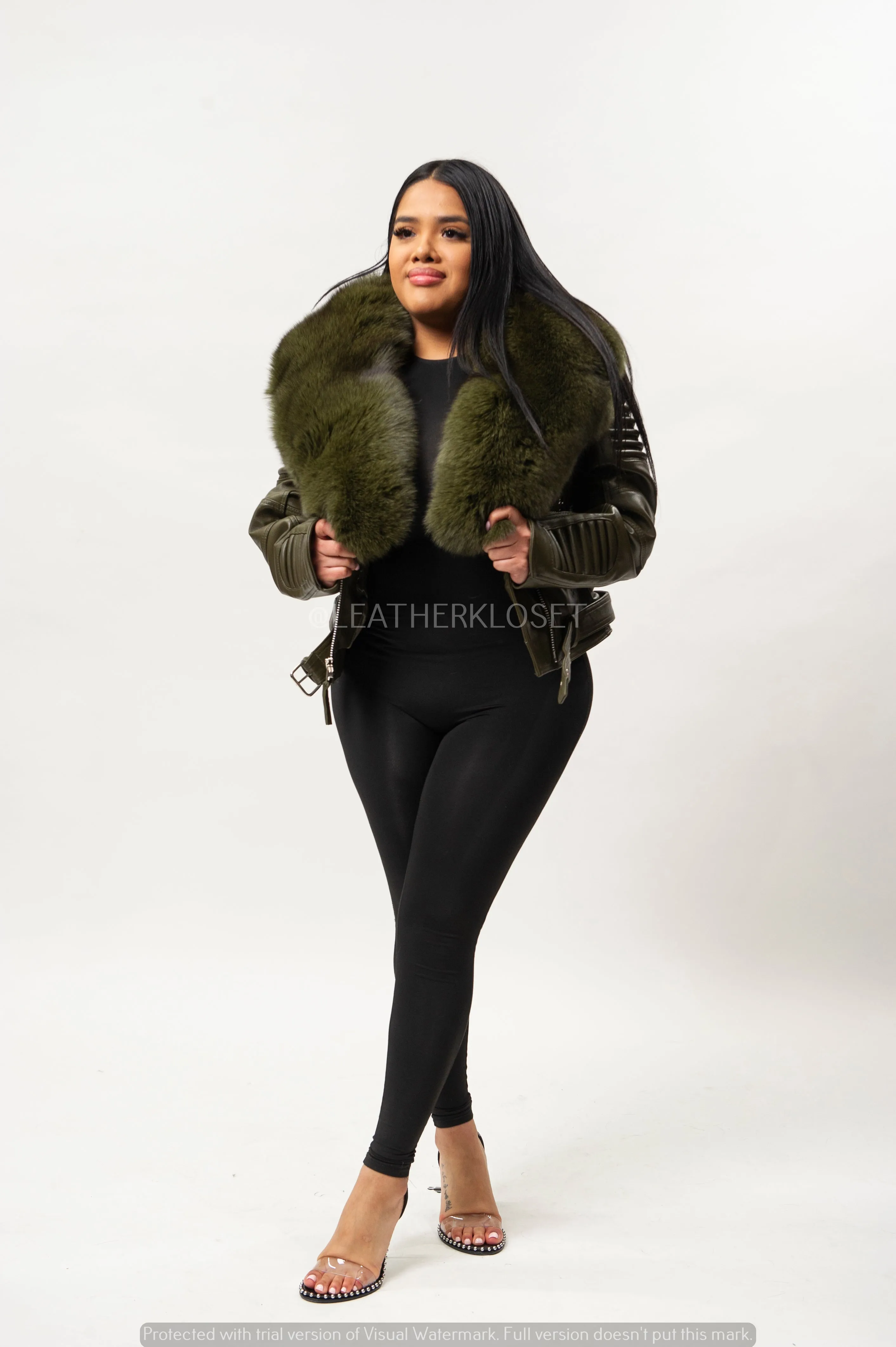 Women's Trey Biker Olive Oversized Fox Collar [Olive Fox Fur]