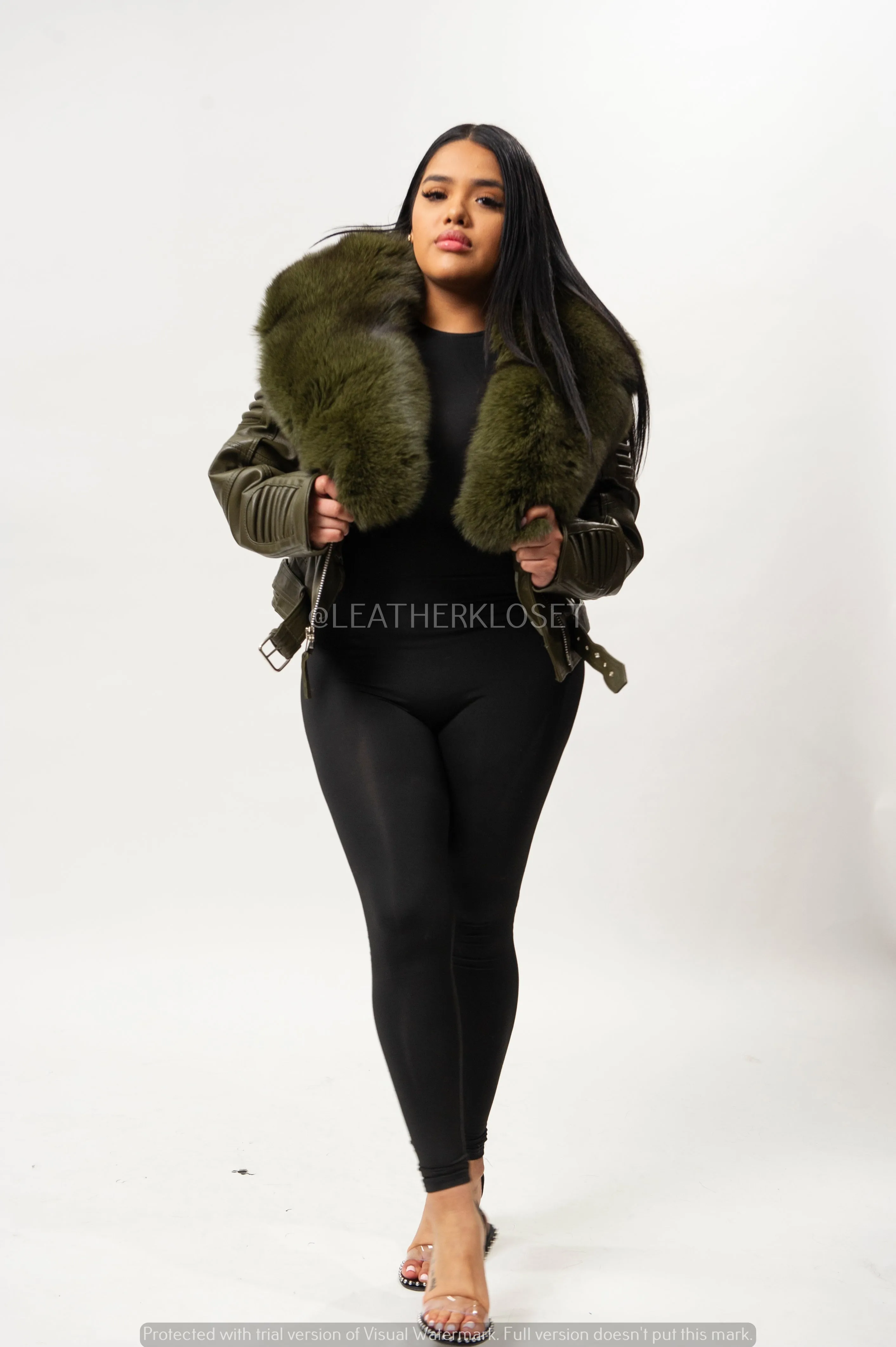 Women's Trey Biker Olive Oversized Fox Collar [Olive Fox Fur]