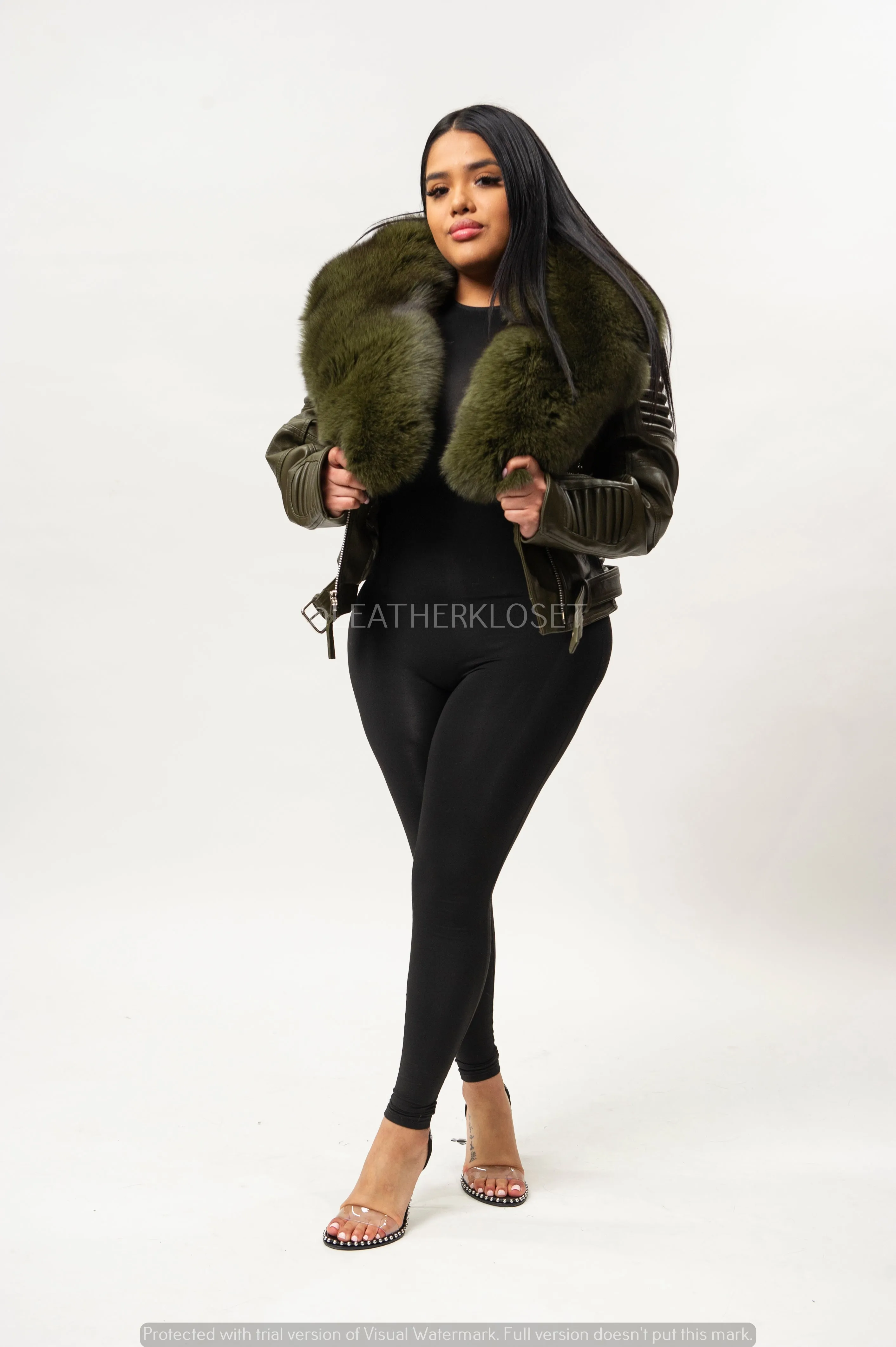 Women's Trey Biker Olive Oversized Fox Collar [Olive Fox Fur]