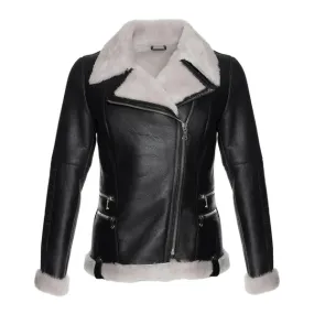 Women's White Faux Fur Merino Shearling Black Leather Jacket