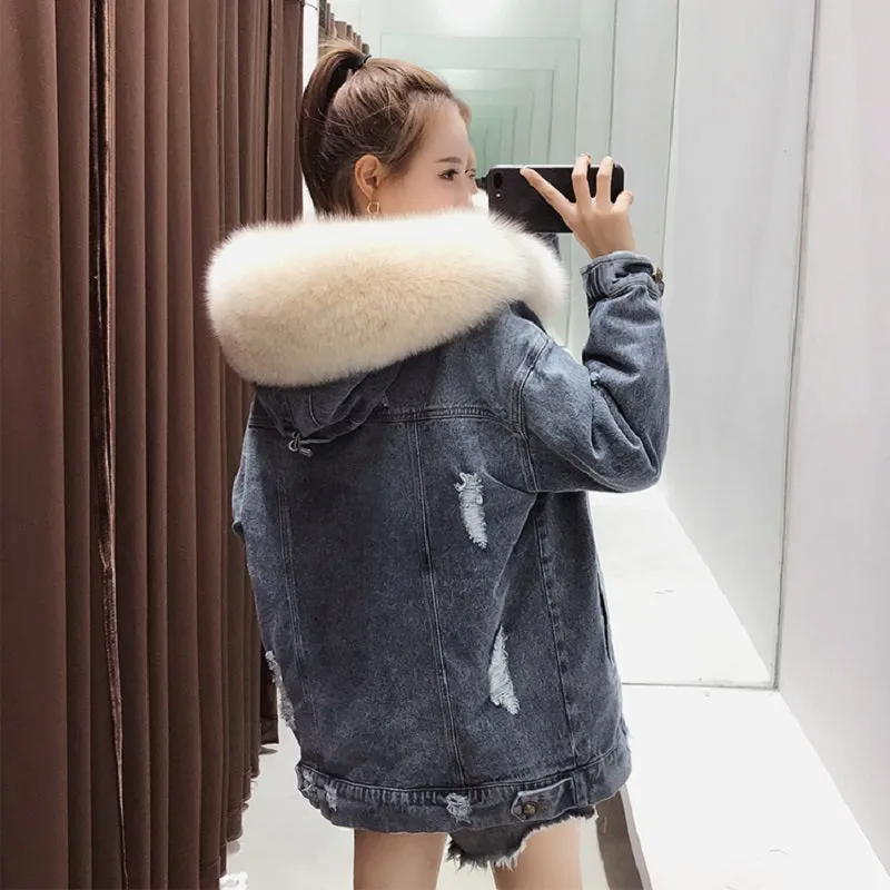 Women's Winter Casual Denim Slim Long Parka With Rabbit Fur