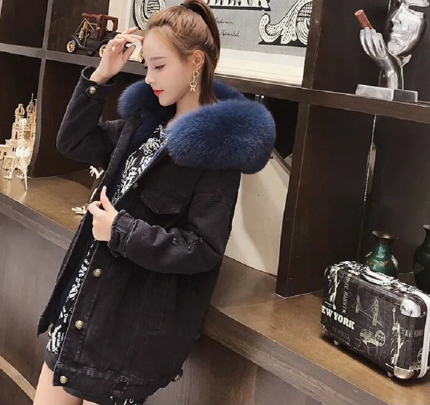 Women's Winter Casual Denim Slim Long Parka With Rabbit Fur