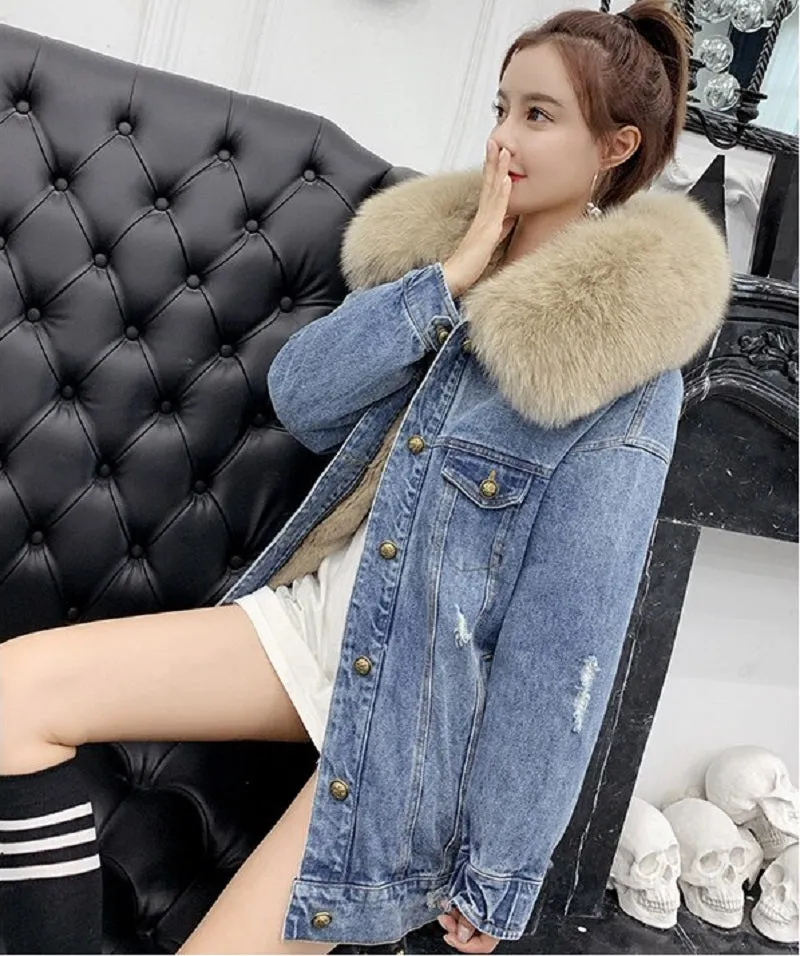 Women's Winter Casual Denim Slim Long Parka With Rabbit Fur