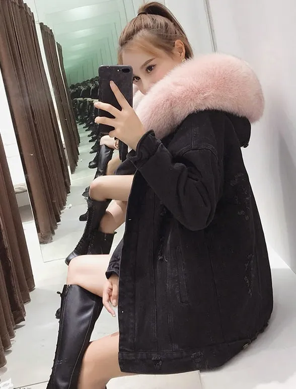 Women's Winter Casual Denim Slim Long Parka With Rabbit Fur