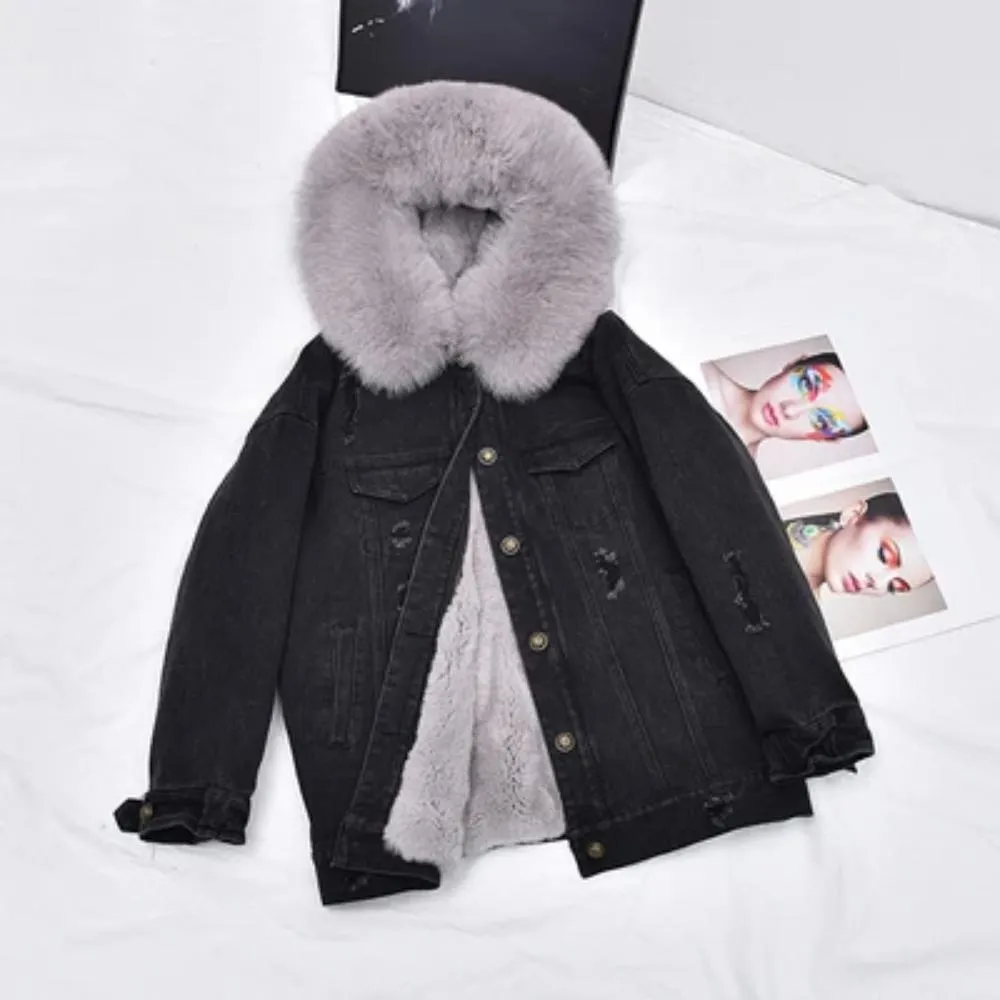 Women's Winter Casual Denim Slim Long Parka With Rabbit Fur