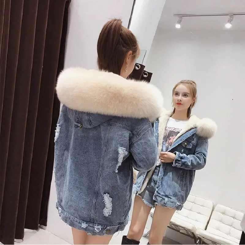 Women's Winter Casual Denim Slim Long Parka With Rabbit Fur