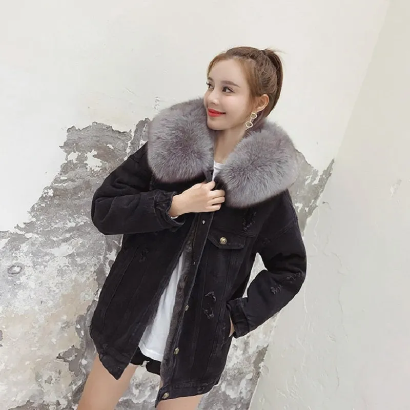 Women's Winter Casual Denim Slim Long Parka With Rabbit Fur