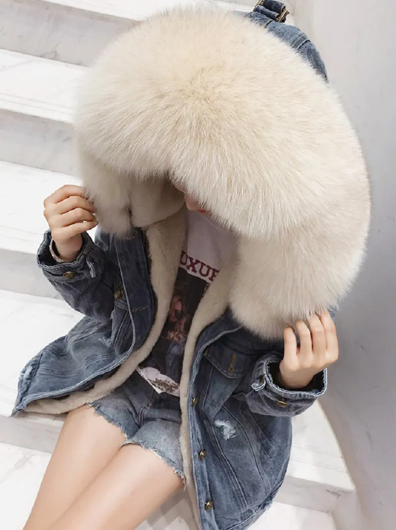 Women's Winter Casual Denim Slim Long Parka With Rabbit Fur