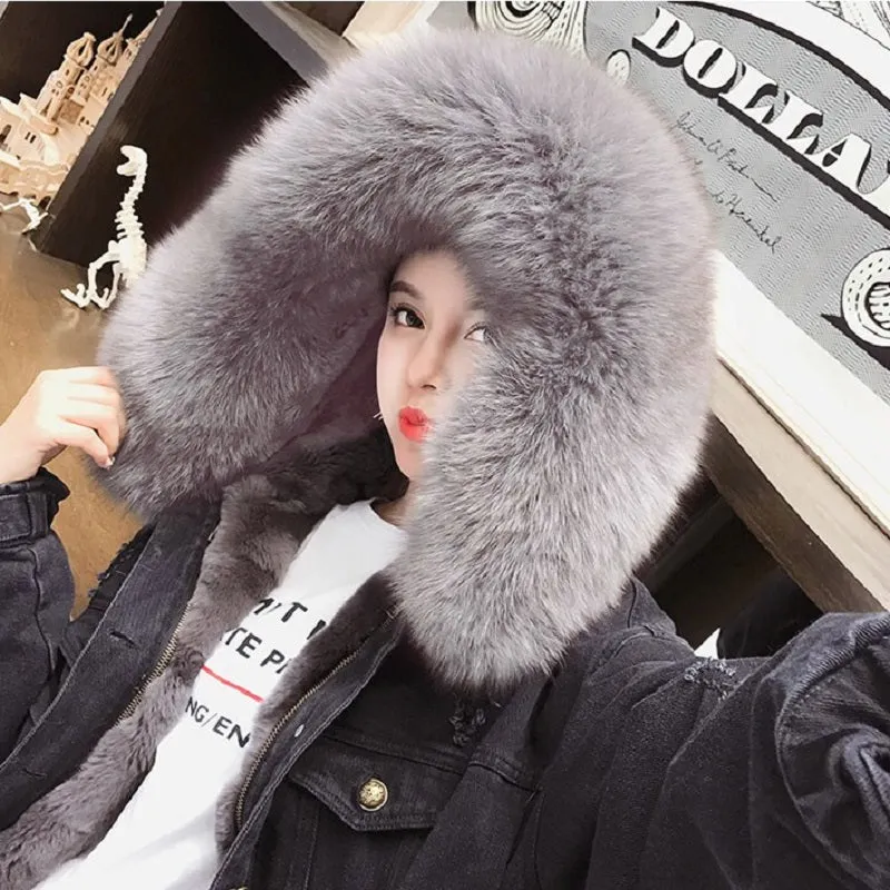 Women's Winter Casual Denim Slim Long Parka With Rabbit Fur