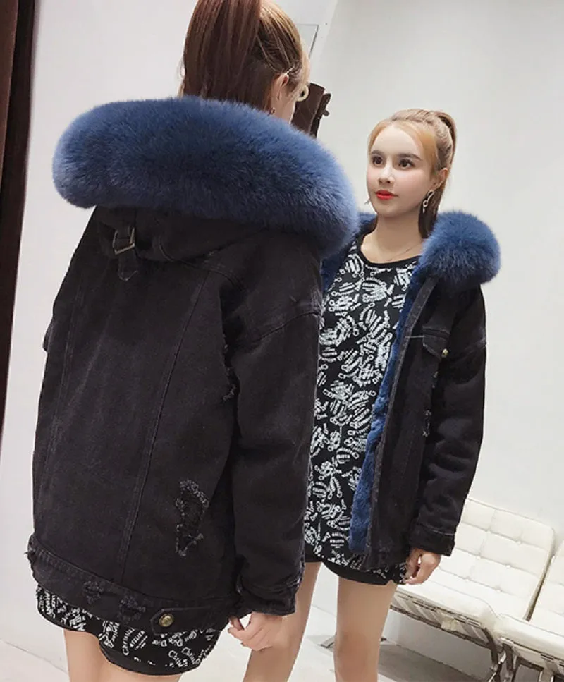 Women's Winter Casual Denim Slim Long Parka With Rabbit Fur