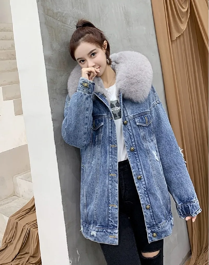 Women's Winter Casual Denim Slim Long Parka With Rabbit Fur