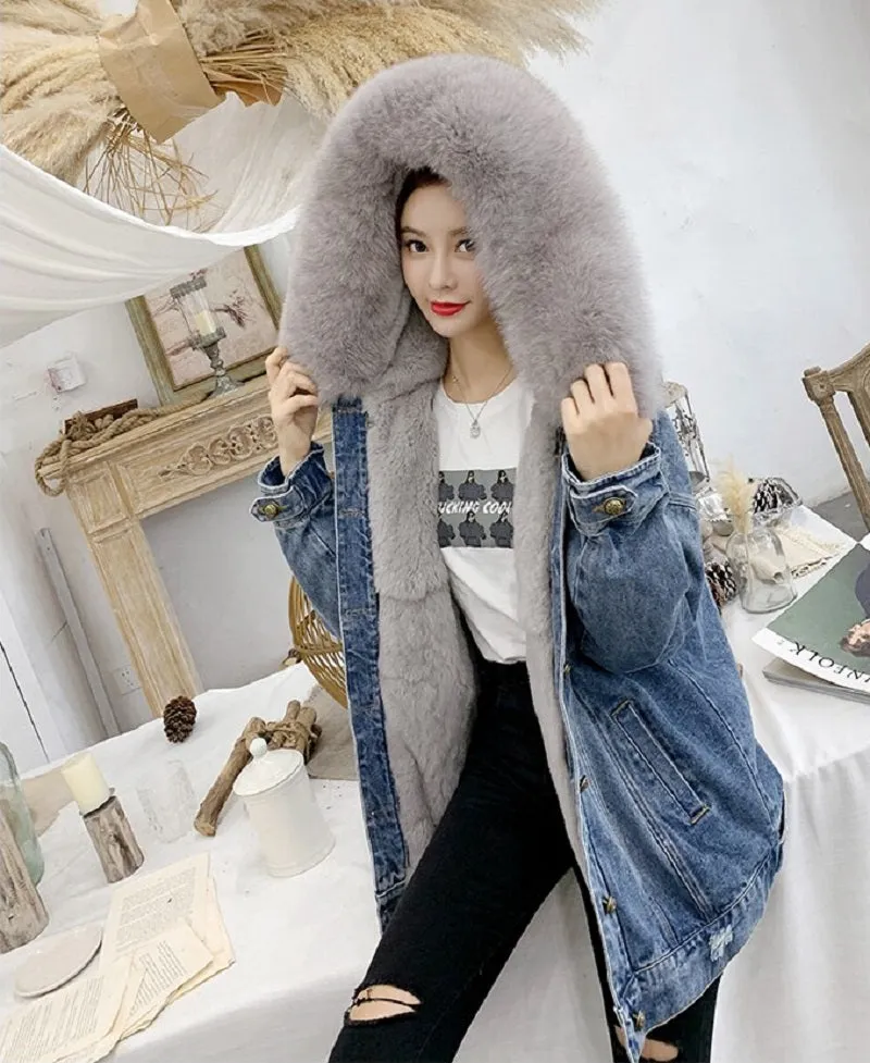 Women's Winter Casual Denim Slim Long Parka With Rabbit Fur