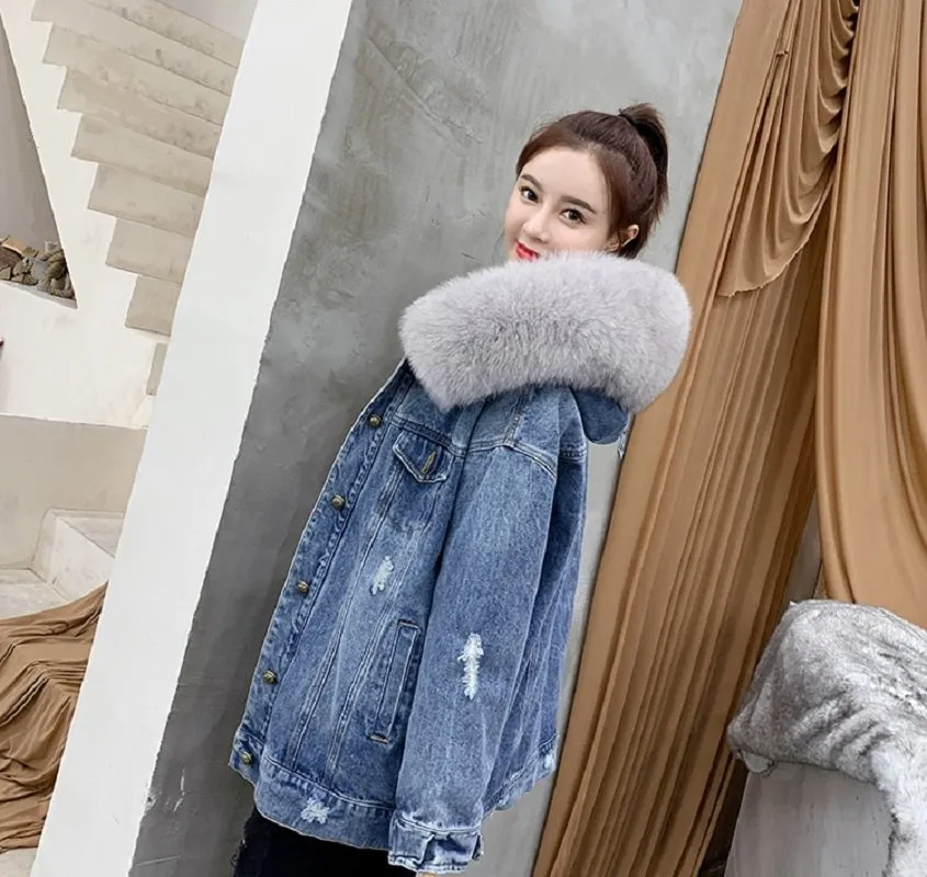 Women's Winter Casual Denim Slim Long Parka With Rabbit Fur