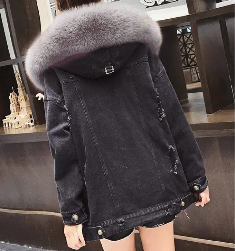 Women's Winter Casual Denim Slim Long Parka With Rabbit Fur