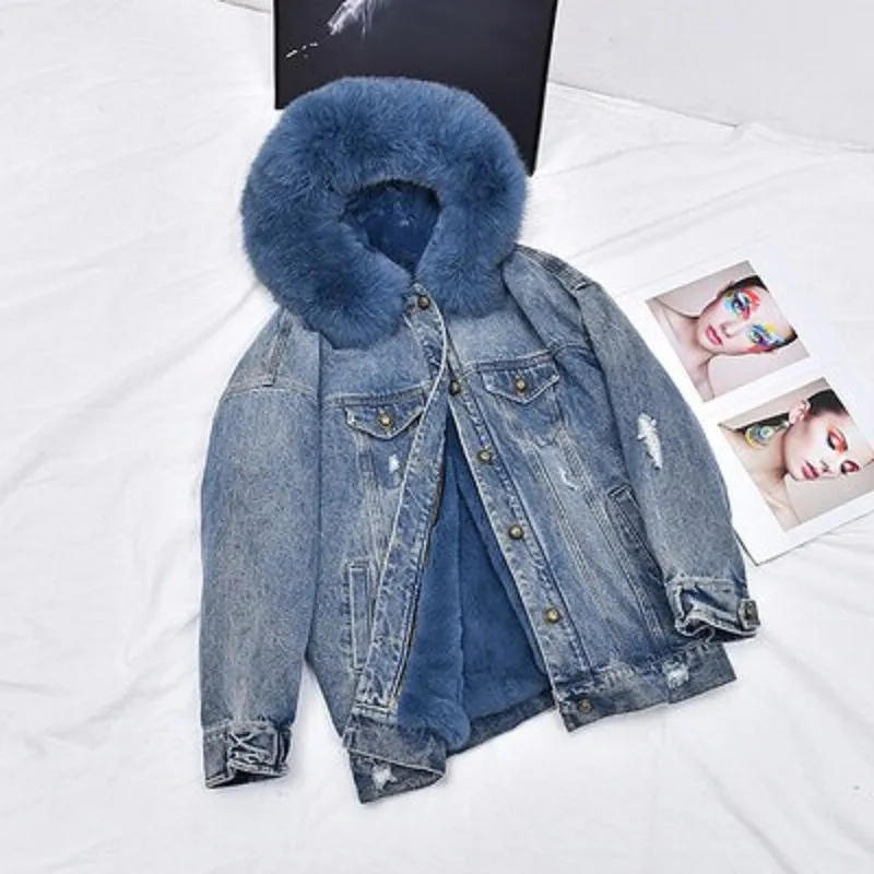 Women's Winter Casual Denim Slim Long Parka With Rabbit Fur