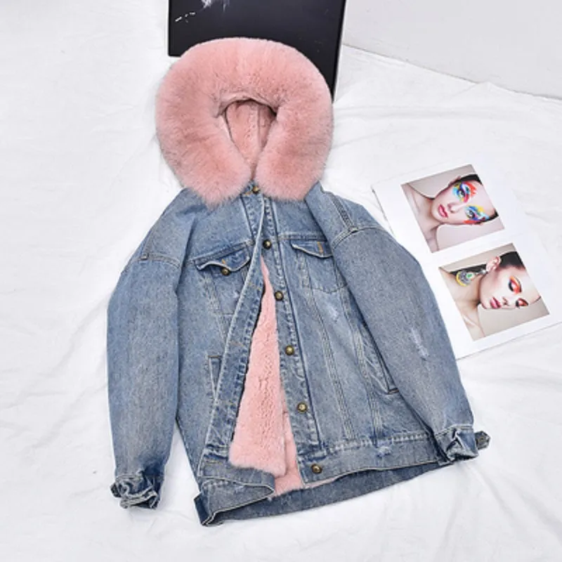 Women's Winter Casual Denim Slim Long Parka With Rabbit Fur