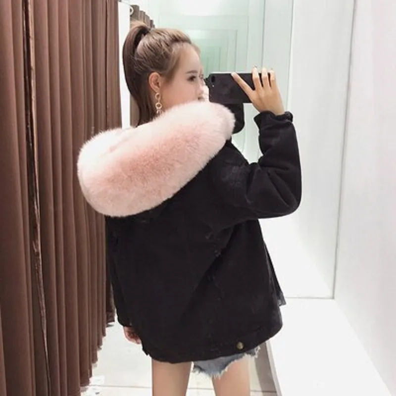 Women's Winter Casual Denim Slim Long Parka With Rabbit Fur