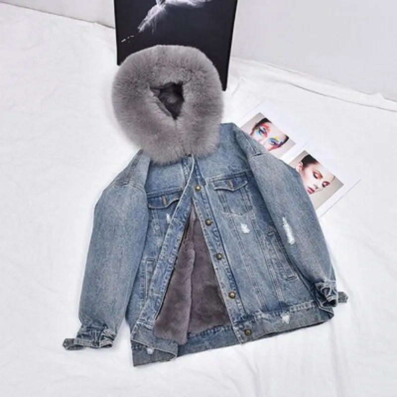 Women's Winter Casual Denim Slim Long Parka With Rabbit Fur