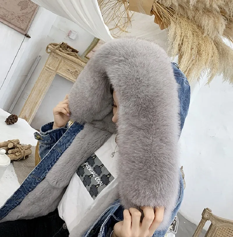 Women's Winter Casual Denim Slim Long Parka With Rabbit Fur