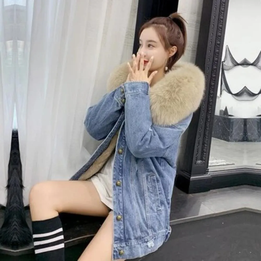 Women's Winter Casual Denim Slim Long Parka With Rabbit Fur