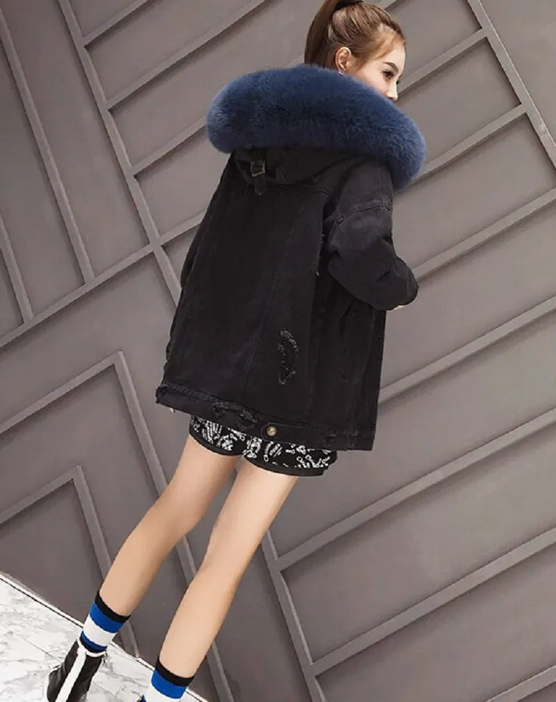 Women's Winter Casual Denim Slim Long Parka With Rabbit Fur