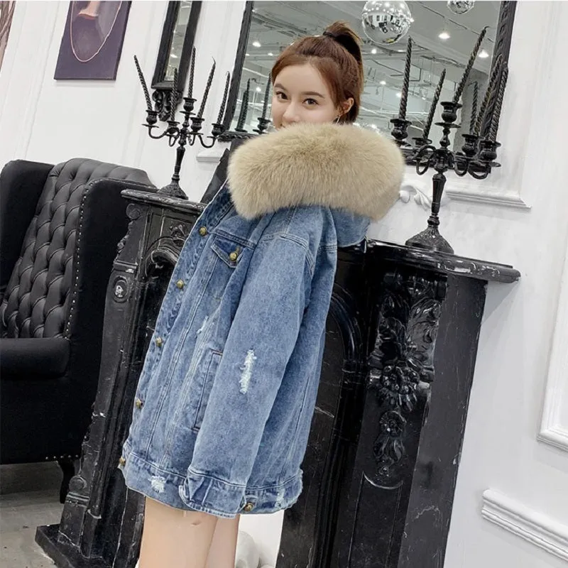 Women's Winter Casual Denim Slim Long Parka With Rabbit Fur