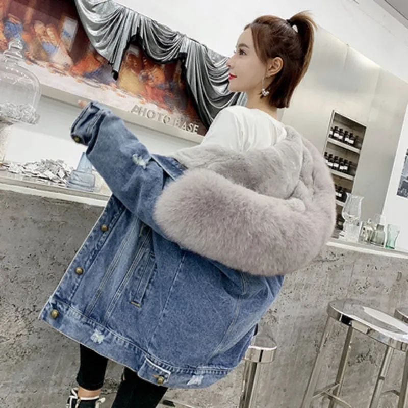 Women's Winter Casual Denim Slim Long Parka With Rabbit Fur