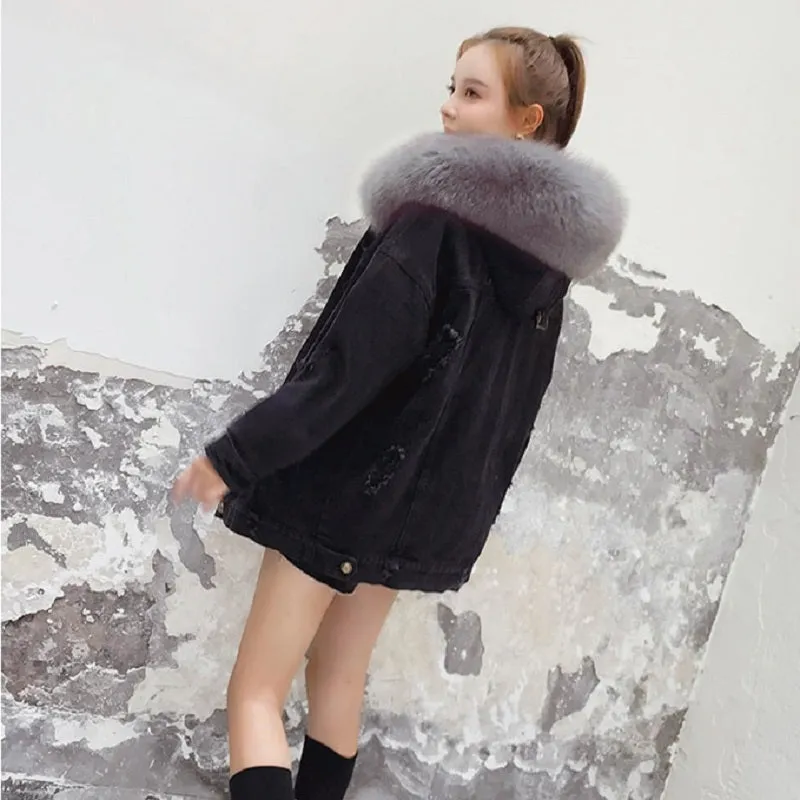 Women's Winter Casual Denim Slim Long Parka With Rabbit Fur