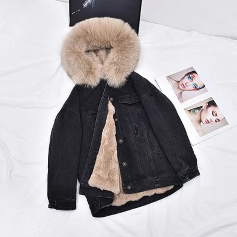 Women's Winter Casual Denim Slim Long Parka With Rabbit Fur