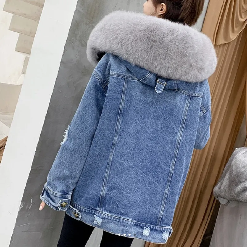 Women's Winter Casual Denim Slim Long Parka With Rabbit Fur