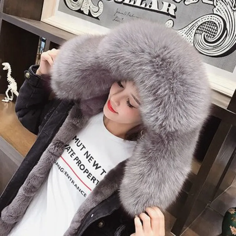 Women's Winter Casual Denim Slim Long Parka With Rabbit Fur